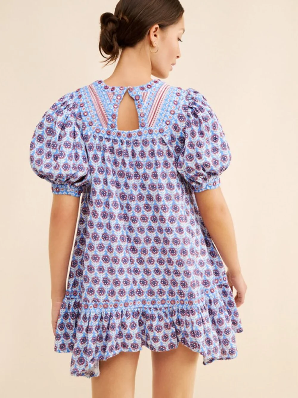 Maeve by Anthropologie Blue Puff-Sleeve V-Neck Mini Dress Large 38487 - Picture 4 of 13